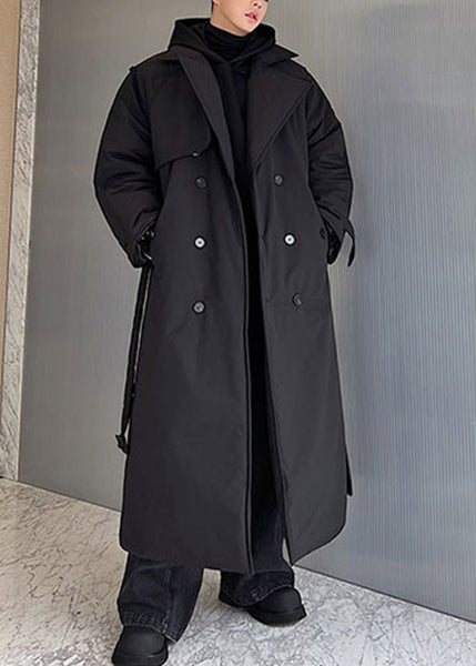 Black Pockets Tie Waist Silk Men Parkas Notched Winter RJ003 ABC