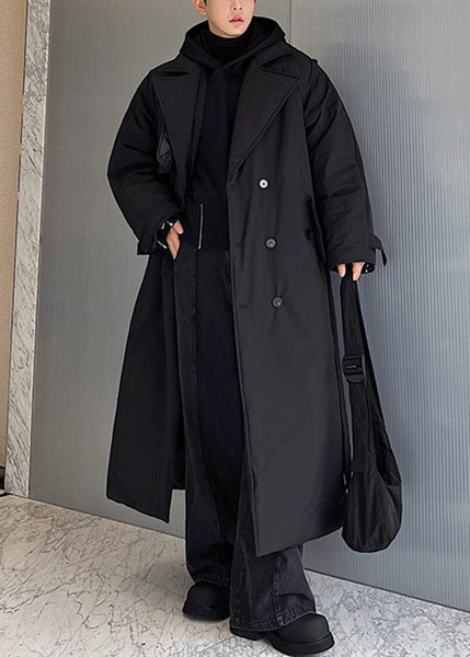 Black Pockets Tie Waist Silk Men Parkas Notched Winter RJ003 ABC