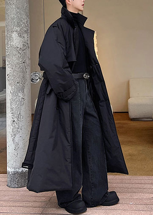 Black Pockets Tie Waist Silk Men Parkas Notched Winter RJ003 ABC