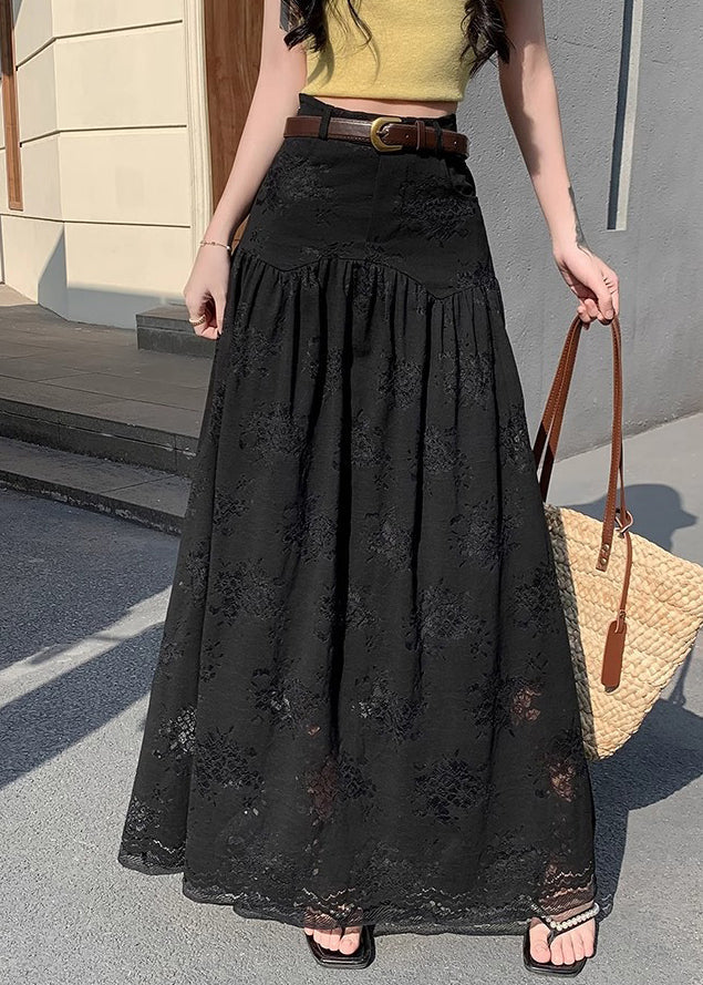 Lace High Summer Waist Pockets Black Skirts Wrinkled FashionChic