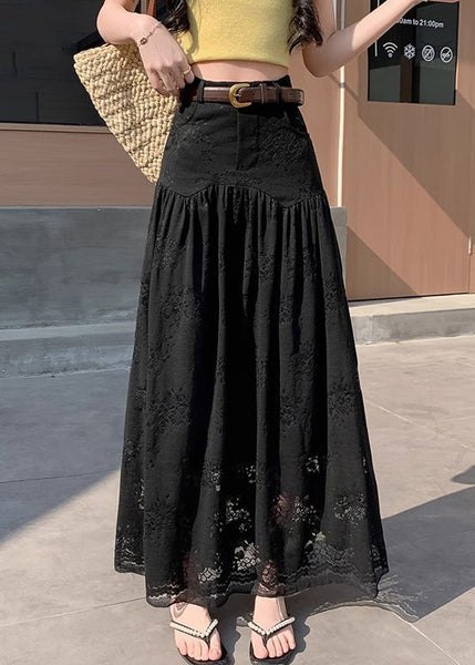 Lace High Summer Waist Pockets Black Skirts Wrinkled FashionChic