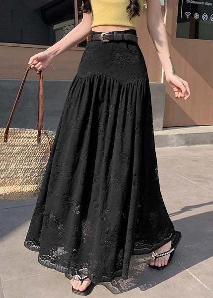 Lace High Summer Waist Pockets Black Skirts Wrinkled FashionChic