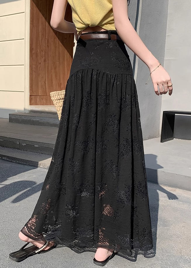 Lace High Summer Waist Pockets Black Skirts Wrinkled FashionChic