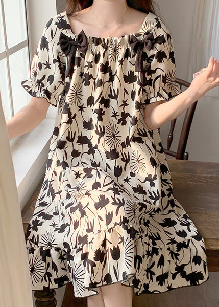Black Print Bow Pajamas Dresses Square Collar Butterfly Sleeve YK017 ABC