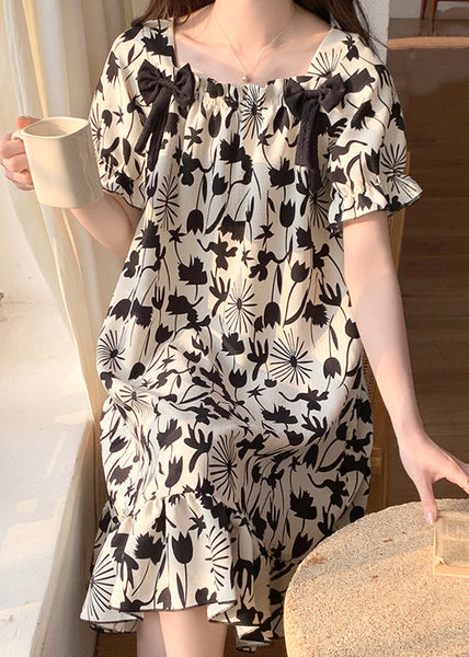 Black Print Bow Pajamas Dresses Square Collar Butterfly Sleeve YK017 ABC