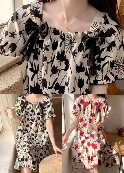Black Print Bow Pajamas Dresses Square Collar Butterfly Sleeve YK017 ABC