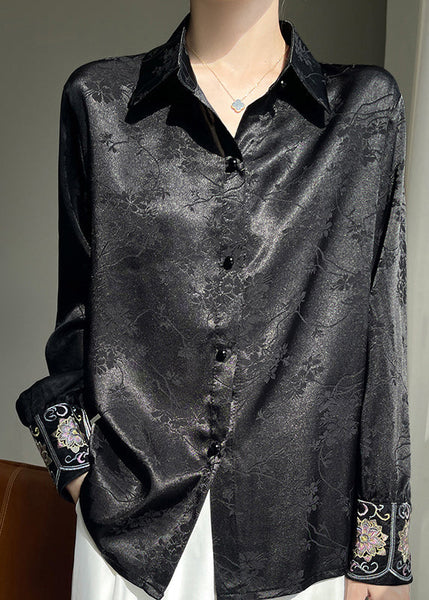Pan Peter Shirt Button Silk Collar Black Print Fall FashionChic