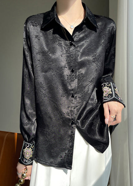 Pan Peter Shirt Button Silk Collar Black Print Fall FashionChic