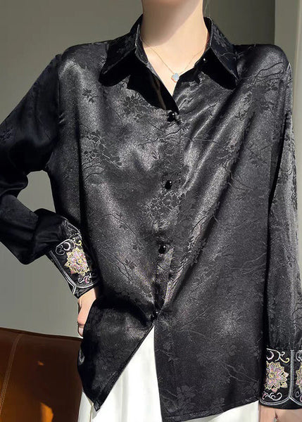 Pan Peter Shirt Button Silk Collar Black Print Fall FashionChic