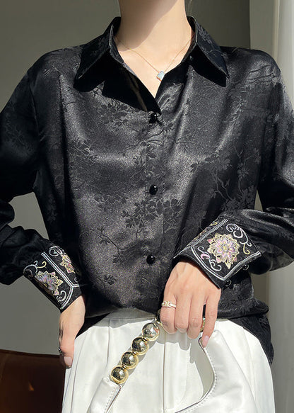 Pan Peter Shirt Button Silk Collar Black Print Fall FashionChic