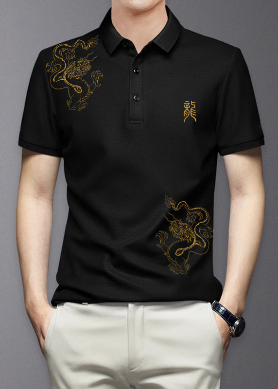 Black Button Cotton Shirt Polo Print Summer Men Fit Slim FashionChic