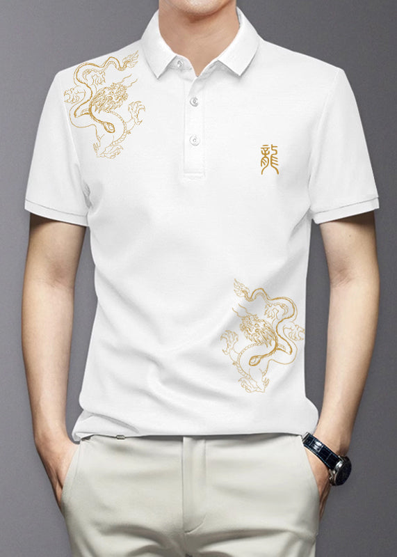 Black Button Cotton Shirt Polo Print Summer Men Fit Slim FashionChic