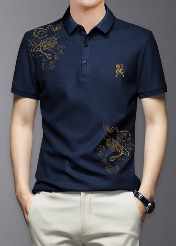 Black Button Cotton Shirt Polo Print Summer Men Fit Slim FashionChic