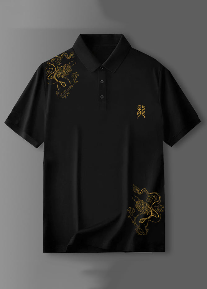 Black Button Cotton Shirt Polo Print Summer Men Fit Slim FashionChic