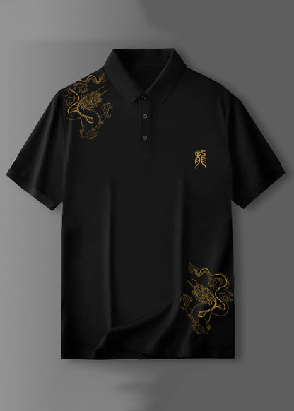 Black Button Cotton Shirt Polo Print Summer Men Fit Slim FashionChic