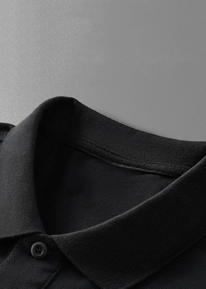 Black Button Cotton Shirt Polo Print Summer Men Fit Slim FashionChic