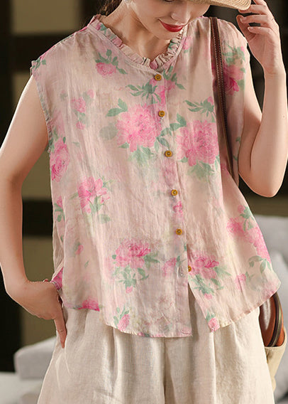 Sleeveless Linen Ruffled Beach Black Vest Print FashionChic