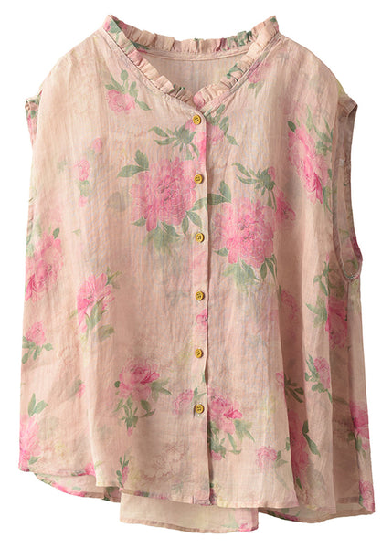 Sleeveless Linen Ruffled Beach Black Vest Print FashionChic