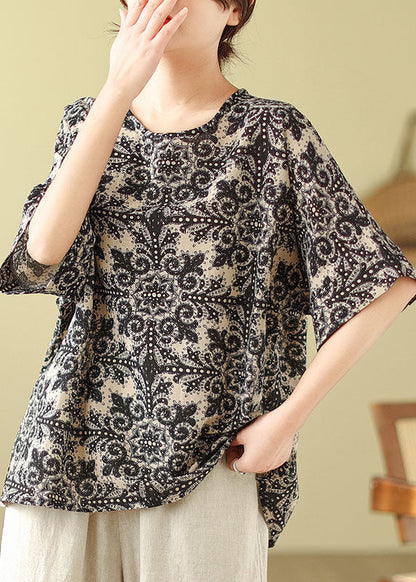 Black Print Loose Cotton Top O Neck Short Sleeve AP088 GK-STP240718