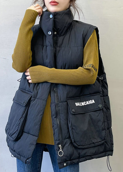 Black Print Pockets Cotton Filled Waistcoat Stand Collar Spring YW011 ABC