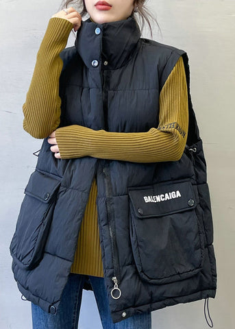 Black Print Pockets Cotton Filled Waistcoat Stand Collar Spring YW011 ABC