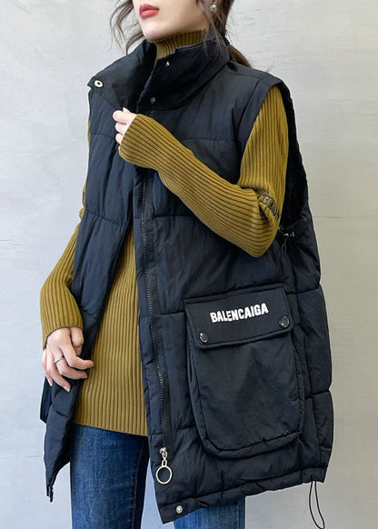 Black Print Pockets Cotton Filled Waistcoat Stand Collar Spring YW011 ABC