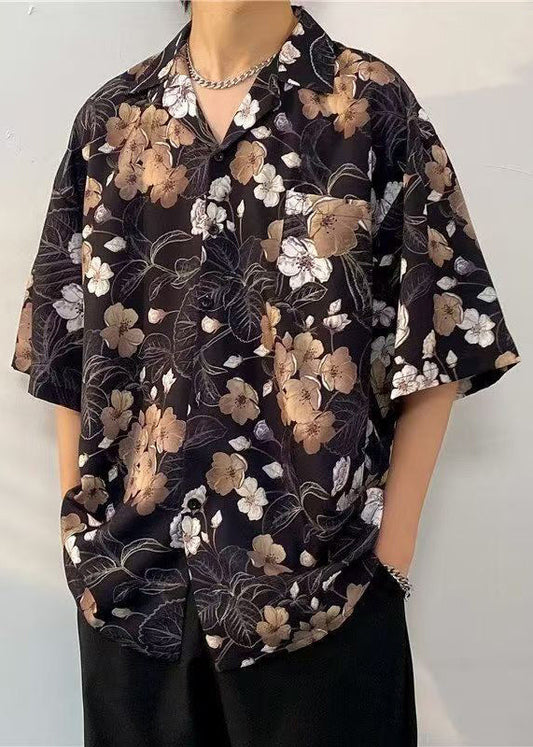 Cotton Print Pan Peter Black Half Collar Mens Pockets Shirts FashionChic