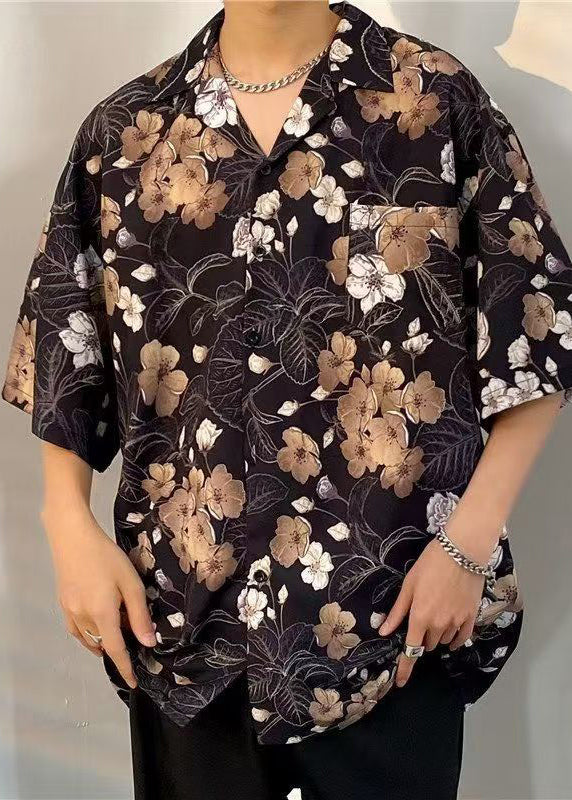 Cotton Print Pan Peter Black Half Collar Mens Pockets Shirts FashionChic