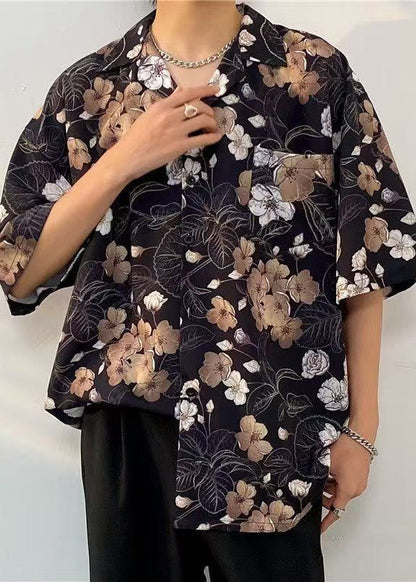 Cotton Print Pan Peter Black Half Collar Mens Pockets Shirts FashionChic