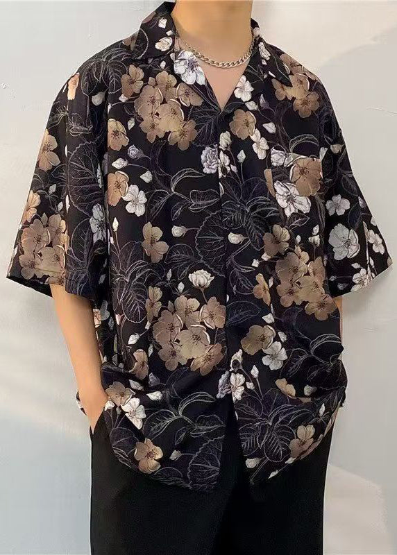 Cotton Print Pan Peter Black Half Collar Mens Pockets Shirts FashionChic