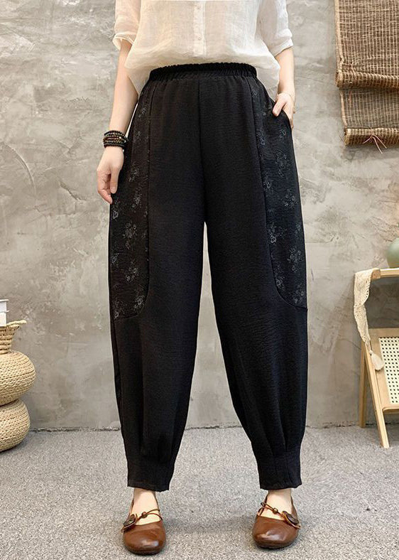 Black Print Pockets Cotton Summer Harem Pants High Waist AU1048 MZF-240903