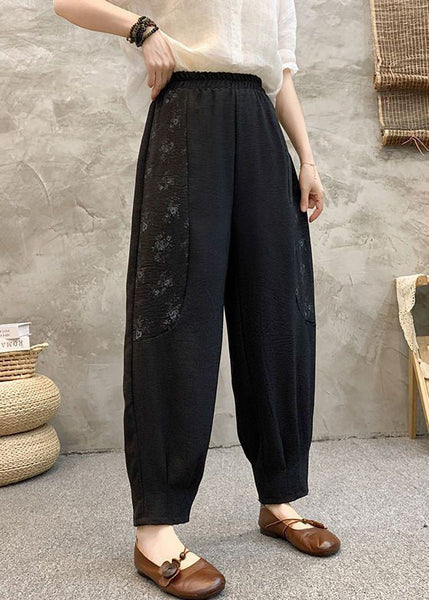 Black Print Pockets Cotton Summer Harem Pants High Waist AU1048 MZF-240903