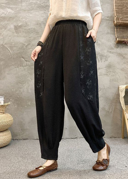 Black Print Pockets Cotton Summer Harem Pants High Waist AU1048 MZF-240903