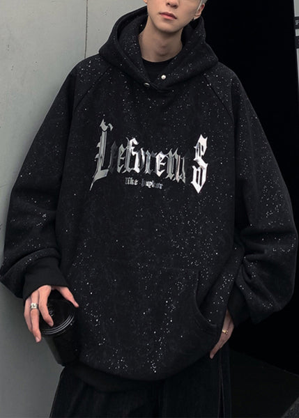 Cotton Pockets Spring Men Sequins Black Sweatshirt Hooded Print FashionChic