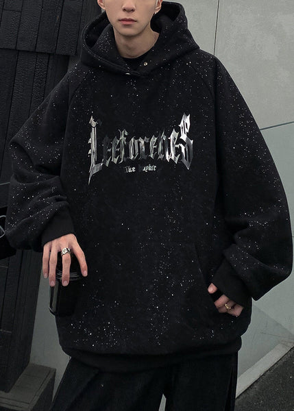 Cotton Pockets Spring Men Sequins Black Sweatshirt Hooded Print FashionChic