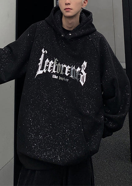Cotton Pockets Spring Men Sequins Black Sweatshirt Hooded Print FashionChic