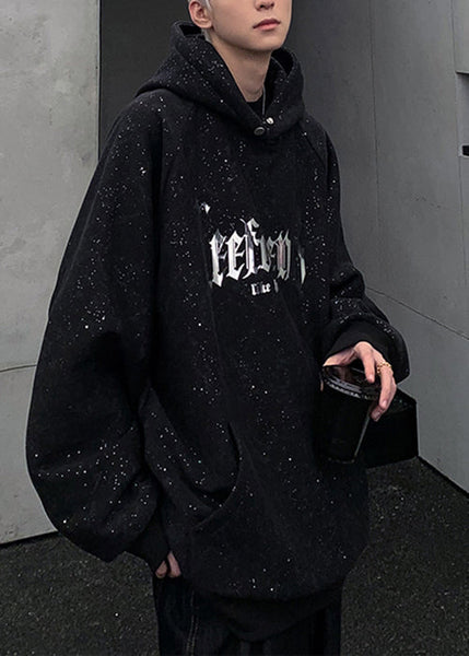 Cotton Pockets Spring Men Sequins Black Sweatshirt Hooded Print FashionChic