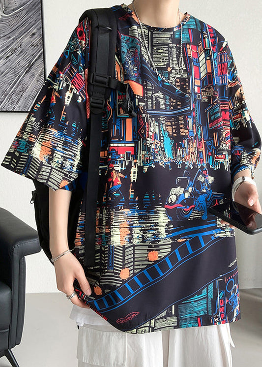 Print Cotton Summer Mens O Open Neck T Black Side Shirts FashionChic