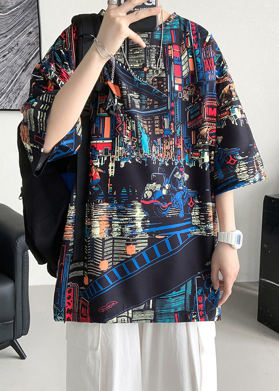 Print Cotton Summer Mens O Open Neck T Black Side Shirts FashionChic