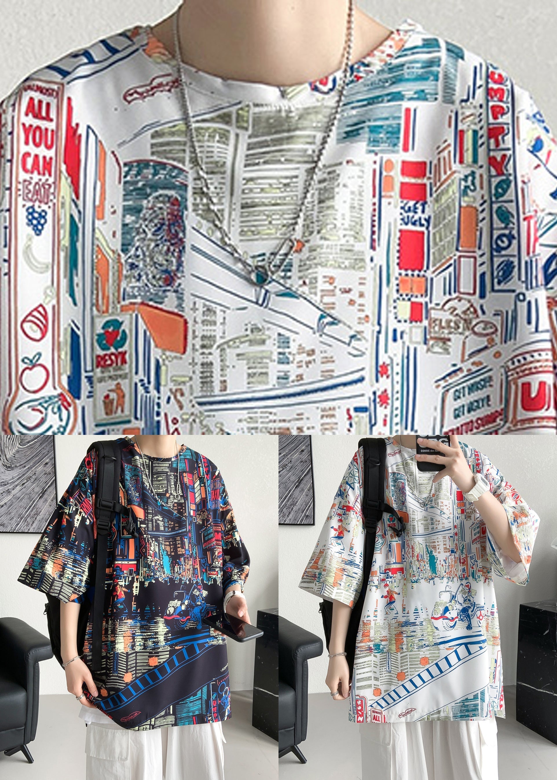 Print Cotton Summer Mens O Open Neck T Black Side Shirts FashionChic