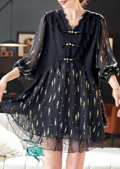 Black Print Silk Holiday Dress Chinese Button Summer YY016 OL-SDM2408-16
