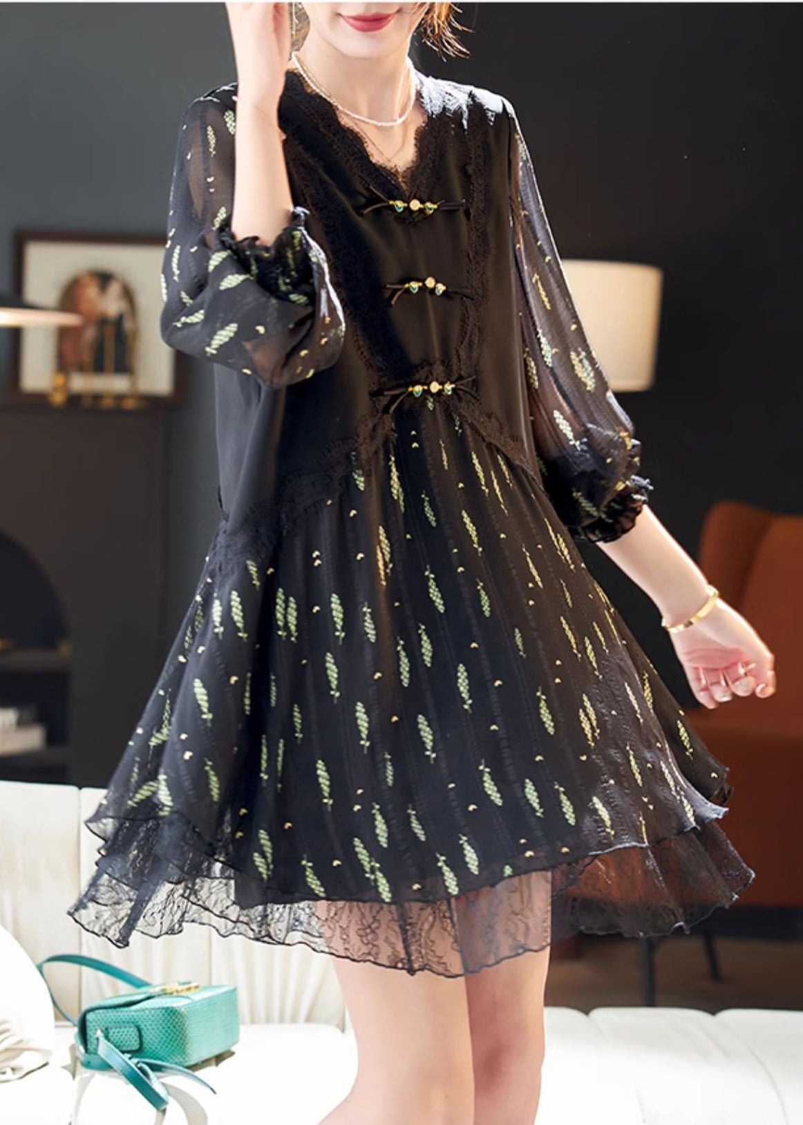 Black Print Silk Holiday Dress Chinese Button Summer YY016 OL-SDM2408-16