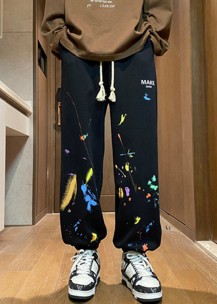 Black Print Warm Fleece Winter Men Beam Pants Elastic Waist WA061 MENP241110