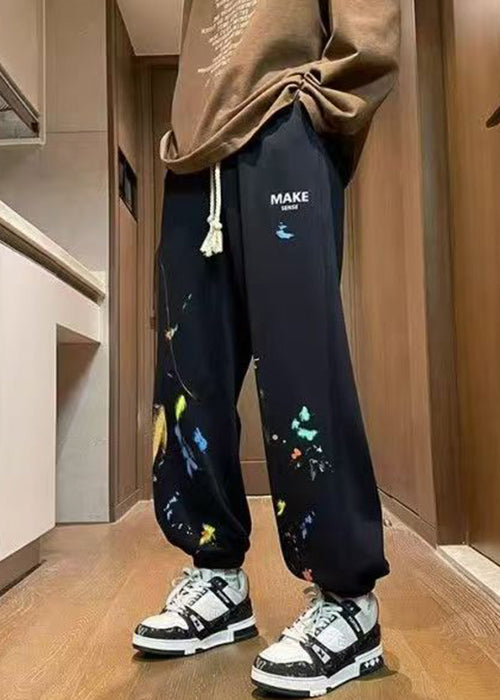 Black Print Warm Fleece Winter Men Beam Pants Elastic Waist WA061 MENP241110