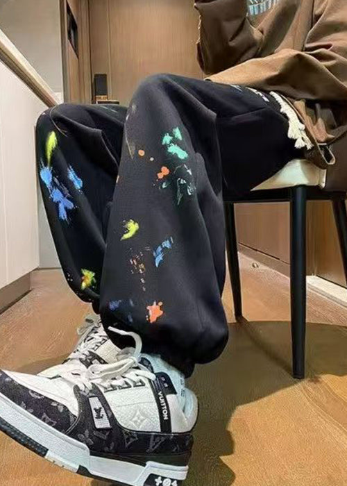 Black Print Warm Fleece Winter Men Beam Pants Elastic Waist WA061 MENP241110