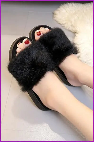 Black Rabbit Fur Sliders DF033