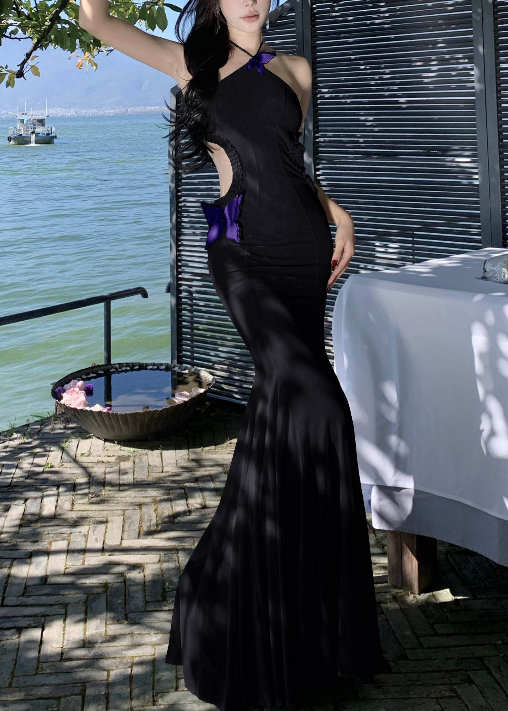 Black Long Butterfly Out Hollow Ruffled Sleeveless Tulle Dresses FashionChic