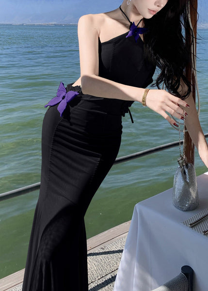 Black Long Butterfly Out Hollow Ruffled Sleeveless Tulle Dresses FashionChic