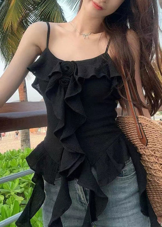 Black Ruffled Cotton Spaghetti Strap Tank Asymmetrical Summer EE1053 SH-LF-VTP240517