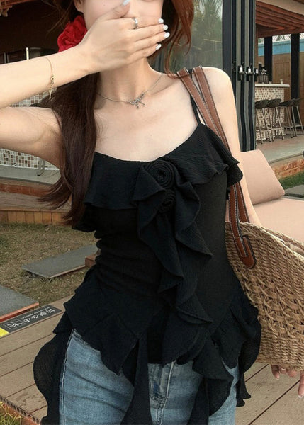 Black Ruffled Cotton Spaghetti Strap Tank Asymmetrical Summer EE1053 SH-LF-VTP240517